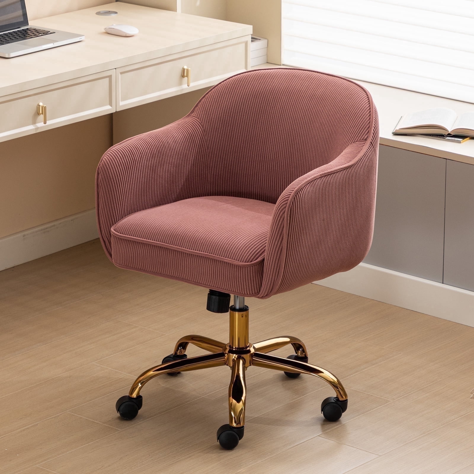 BRILHAMEZ Velvet Office Chair, Ergonomic Desk Chair with Adjustable Height, 360° Swivel, Padded Armrests for Home Office, Pink