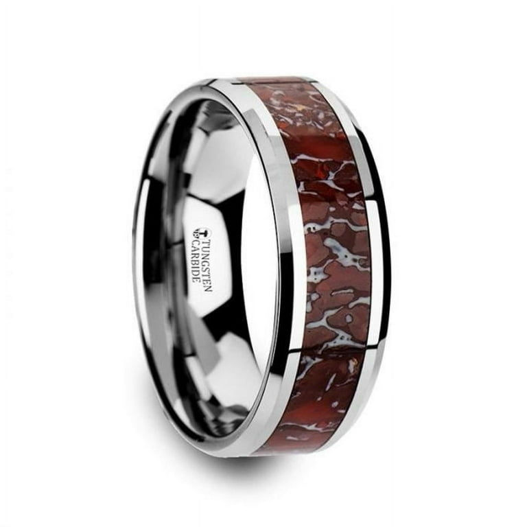 Thorsten JURASSIC Red Dinosaur Bone Inlaid Tungsten Carbide Beveled Edged Ring - 4mm & 8mm Thorsten JURASSIC Red Dinosaur Bone Inlaid Tungsten Carbide Beveled Edged Ring - 4mm & 8mm