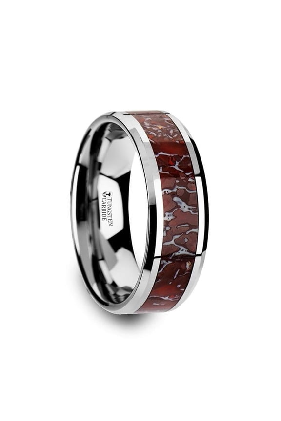 JURASSIC Red Dinosaur Bone Inlaid Tungsten Carbide Beveled Edged Ring