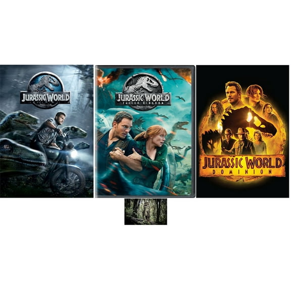 JURASSIC WORLD + FALLEN KINGDOM & DOMINION 3 DVD Set Chris Pratt Includes Velociraptor Glossy Print Art Card
