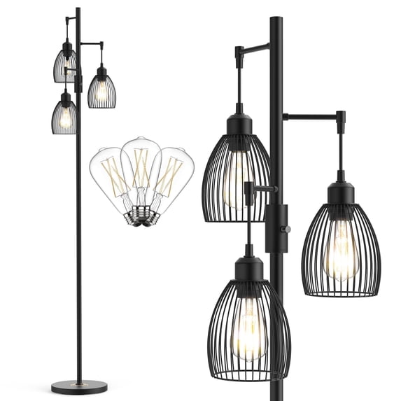 JURULU 70 inch Dimmable Floor Lamp, 3 x1000 LM Bulbs, Elegant Birdcage-Style Industrial Farmhouse Standing Tree Lamp, Perfect for Living Room, Bedroom, Office, Dining Room Decor - Black