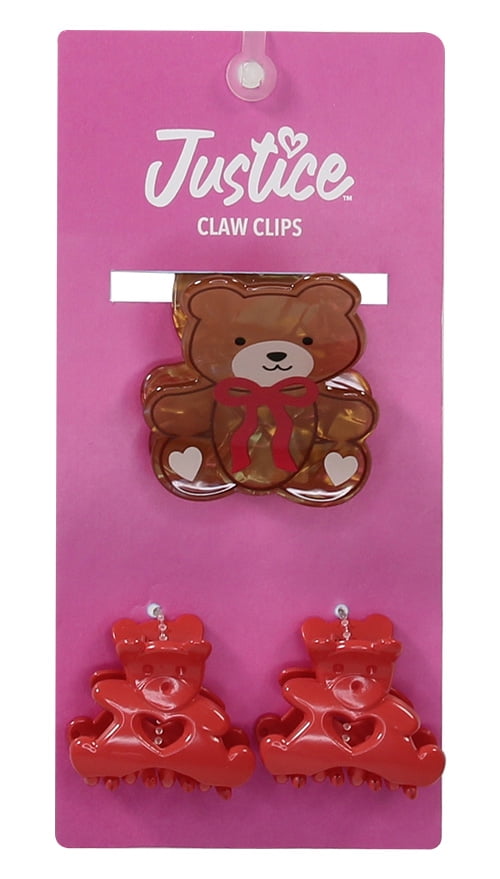 Justice Girls Bear Claw Hair Clips, 3-Piece Set, Brown/Red