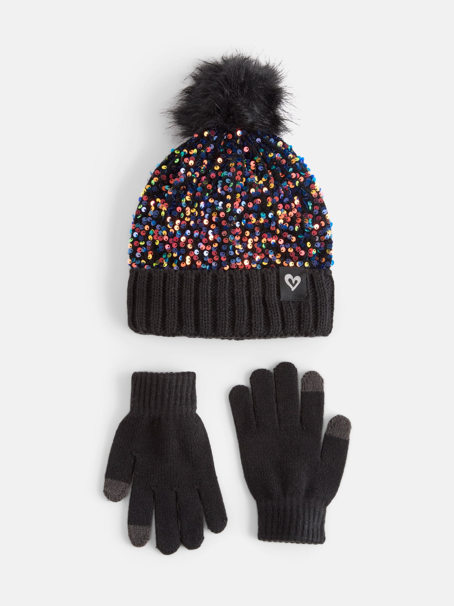 Justice Girls Velvet Sequin Hat and Glove Set, Black