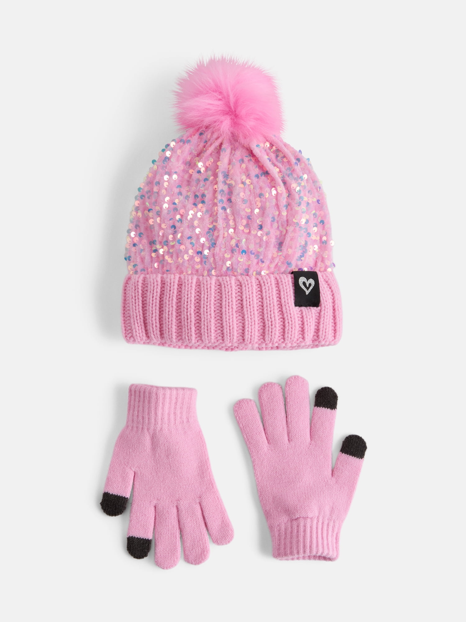 Justice Girls Velvet Sequin Hat and Glove Set, Pink