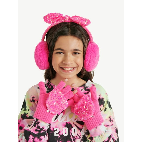 Justice Girls Velvet Sequin Bow Faux Fur Earmuff and Flip Top Glove Set, Bright Pink