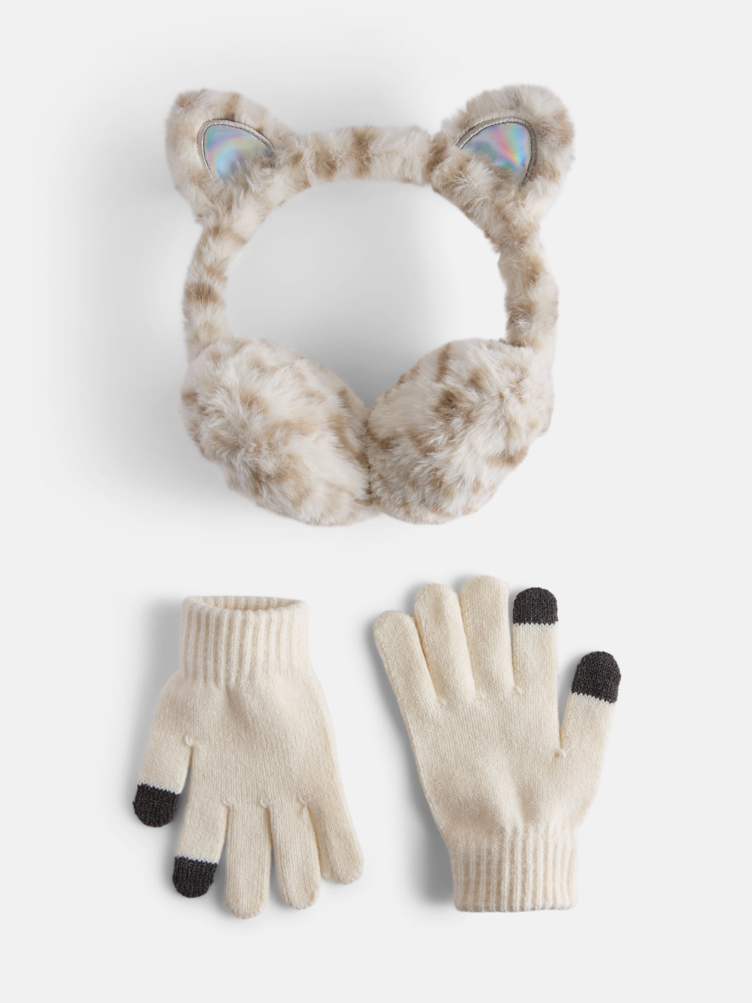 Justice Girls Cheetah Faux Fur Earmuff and Glove Set, Ivory