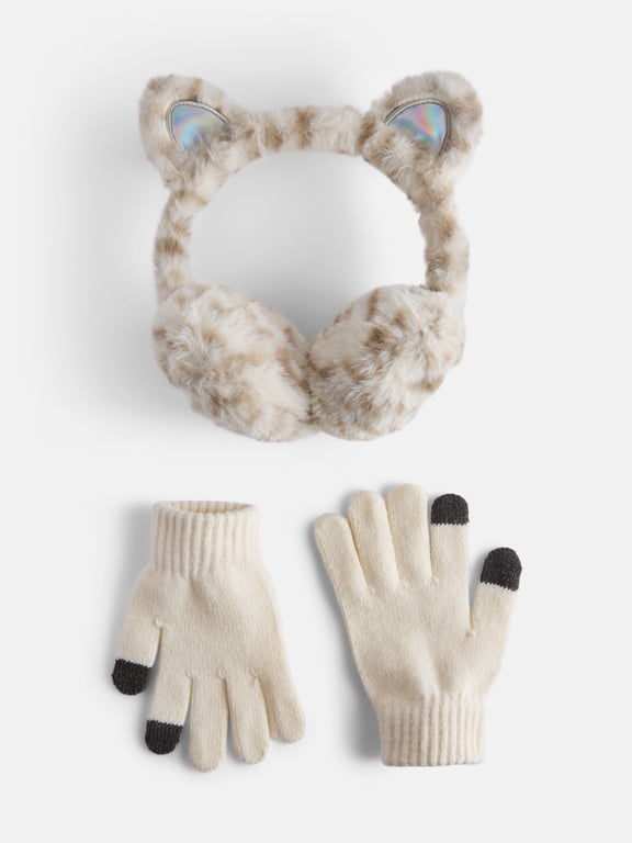 Girls Cheetah Faux Fur Earmuff and Glove Set, Ivory