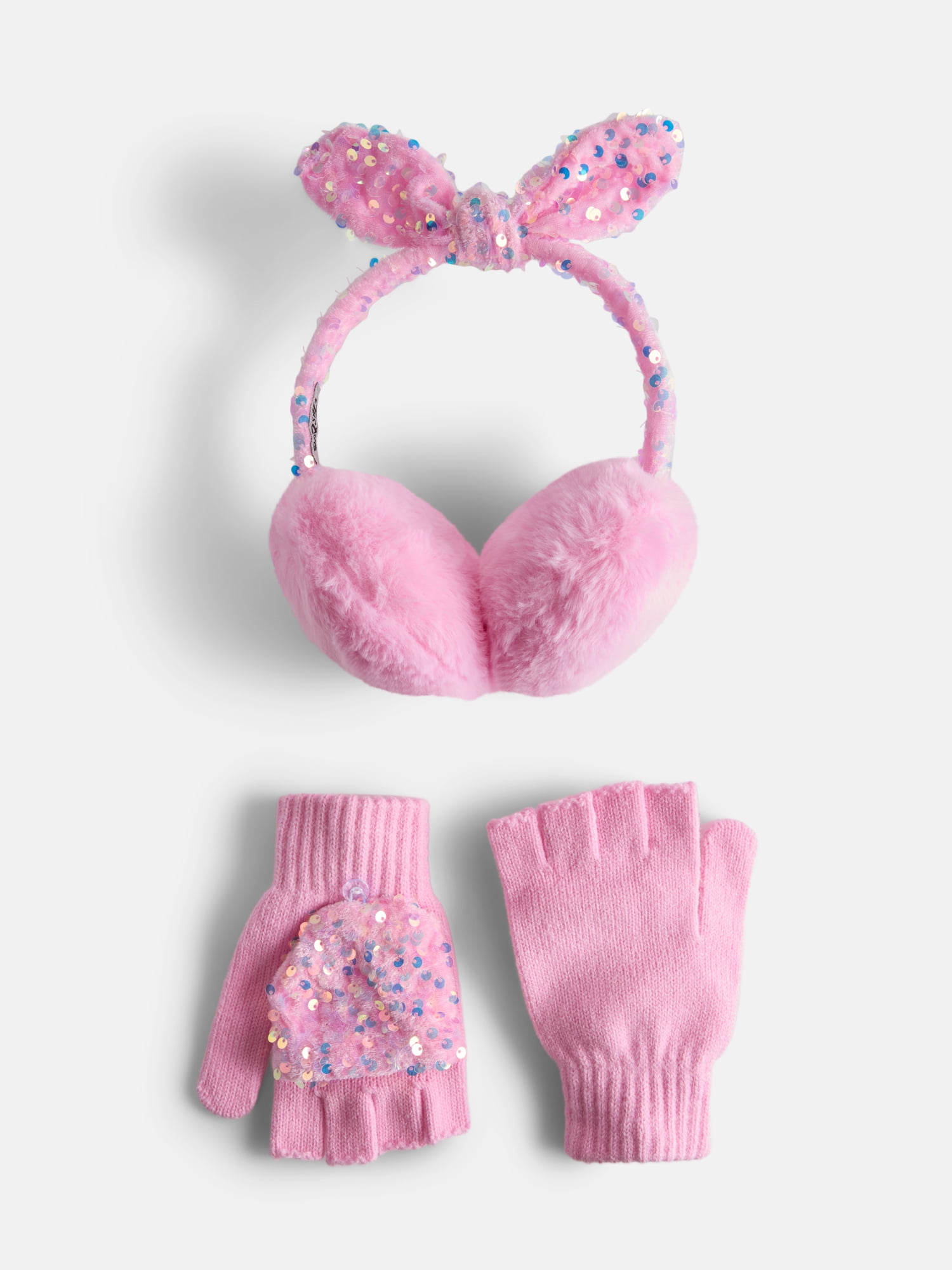 Justice Girls Velvet Sequin Bow Faux Fur Earmuff and Flip Top Glove Set, Pink