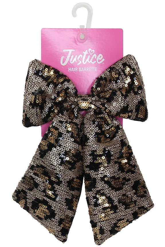 Girls Leopard Pattern Sequin Bow Barrette, Gold