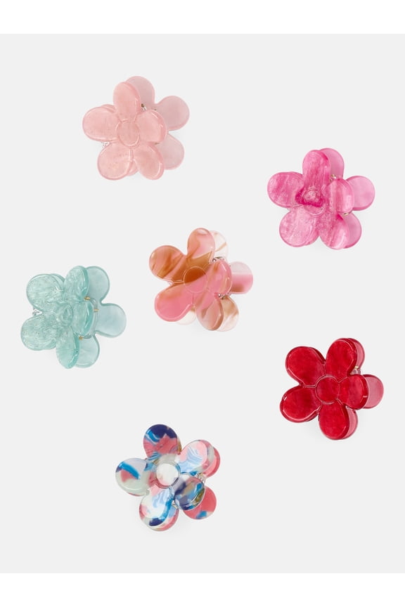 Girls Multi Marbled Flower Claw Hair Clips, 6-Piece Set