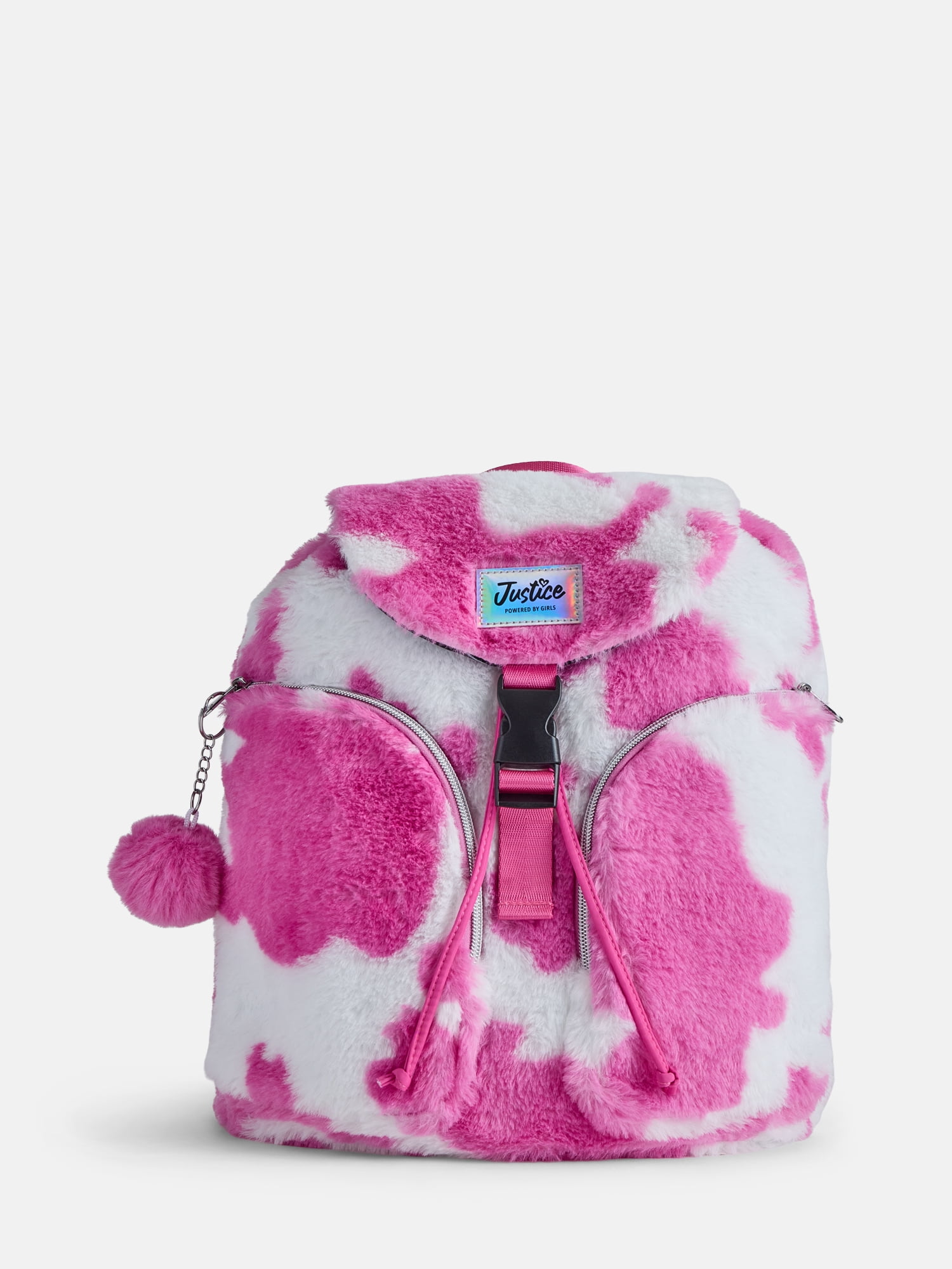 Justice Girls Faux Fur Rucksack Backpack, Pink Cow