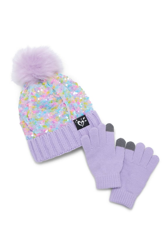 Girls Multicolor Sequin Hat and Gloves Set, 2-Piece, Purple Multi