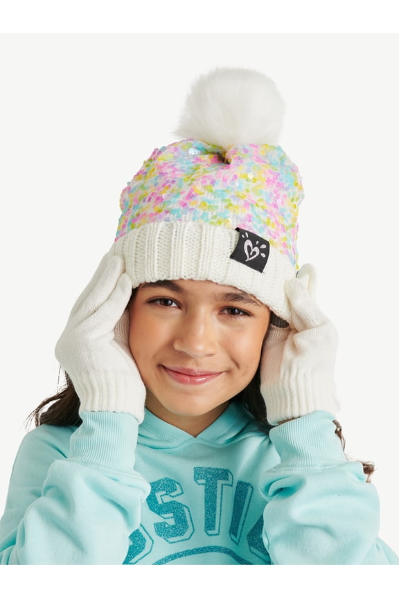 Girls Multicolor Sequin Hat and Gloves Set, 2-Piece, Ivory Multi
