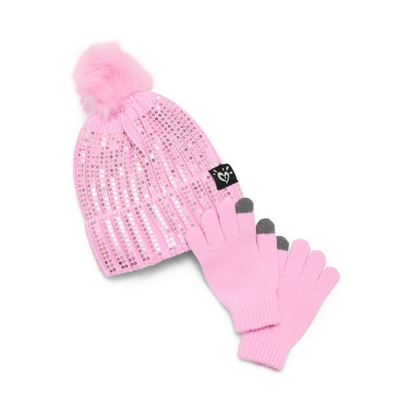 Justice Girls Sequin Ribbed Hat and Gloves Set, 2-Piece, Pink