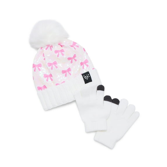 Justice Girls Bow Sequin Hat and Gloves Set, 2-Piece, Ivory