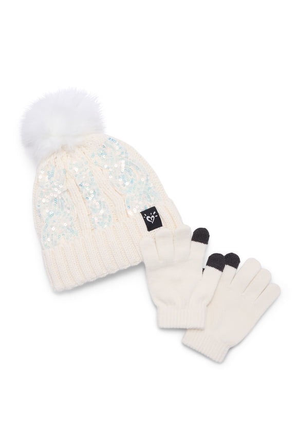 Girls Sequin Cable Hat and Gloves Set, Ivory