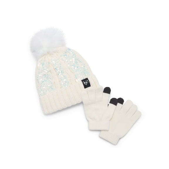 Justice Girls Sequin Cable Hat and Gloves Set, Ivory