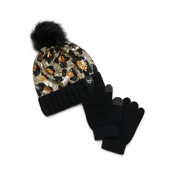 Justice Girls Cheetah Sequin Hat and Gloves Set, 2-Piece, Black