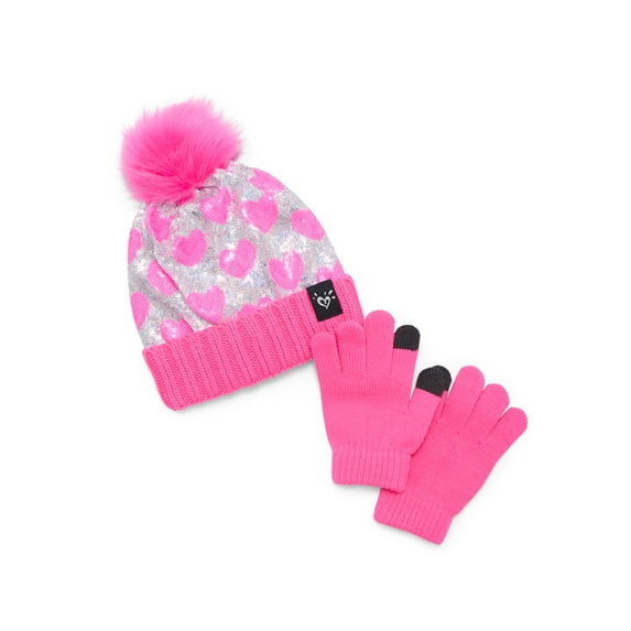 Justice Girls Heart Sequin Hat and Gloves Set, 2-Piece, Pink