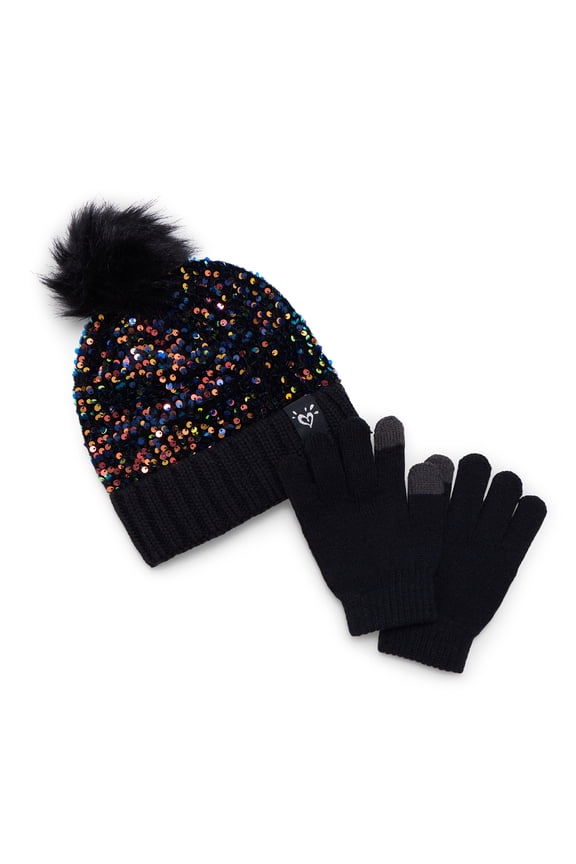 Girls Velvet Sequin Hat and Gloves Set, 2-Piece, Black