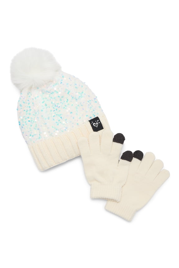 Girls Velvet Sequin Hat and Gloves Set, 2-Piece, Ivory