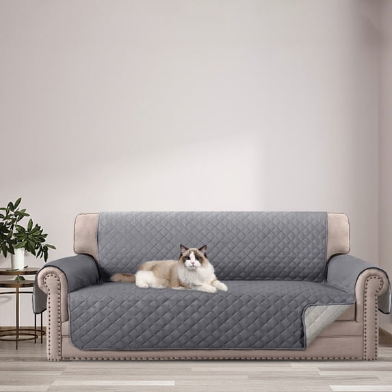 Reversible Sofa Cover Washable Couch Cover for Dogs with Elastic Straps Water Repellent Furniture Couch Protector for 3 Cushion Couch Sofa Pet Friendly(Gray)