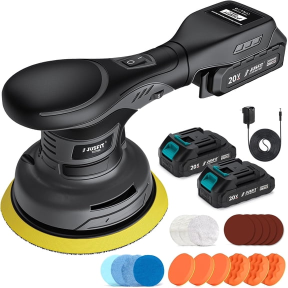 JUSFIT Cordless  Buffer Polisher kit, 2x 2000mAh 20V , 6-Speed Brushless , 6-Inch Pad, 3.0LB Lightweight, Dual Action Random Orbital,  Detailing, Boat,  & Furniture