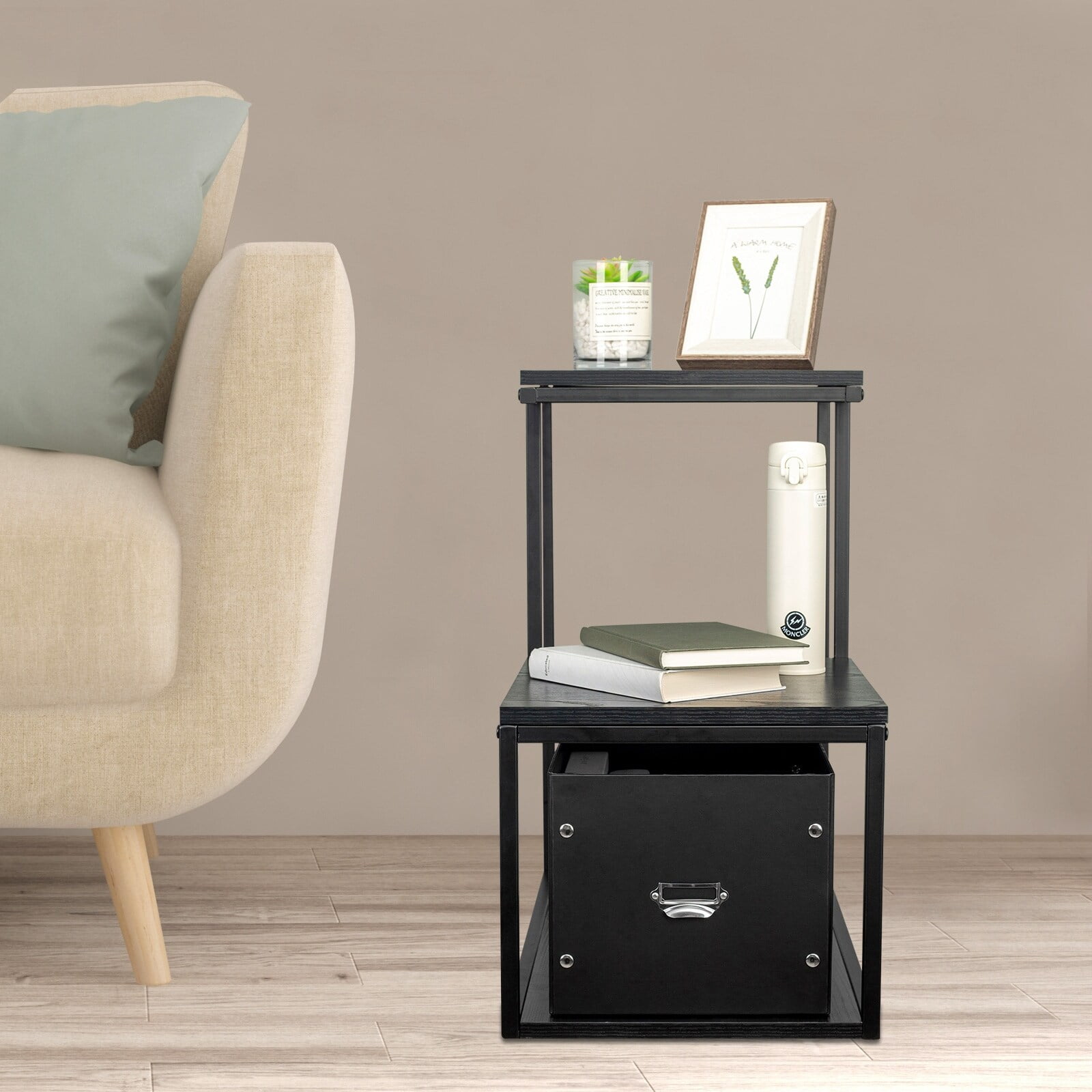 JUSHUA 3Tier Black Lshaped End Table Side Table with Storage 13*24