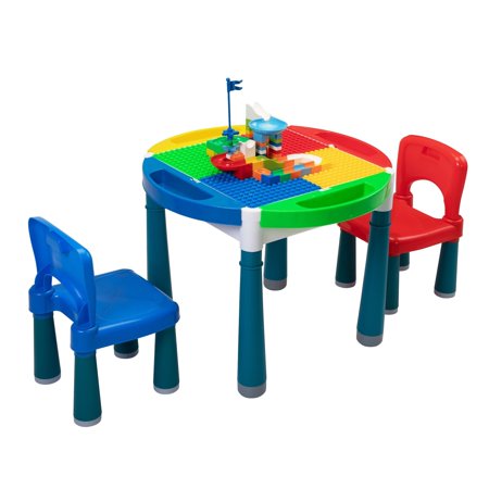 JUSHUA Kids Multi Activity Table & 2 Chairs Set Building Blocks Toy - 24.6*24.6*18.5