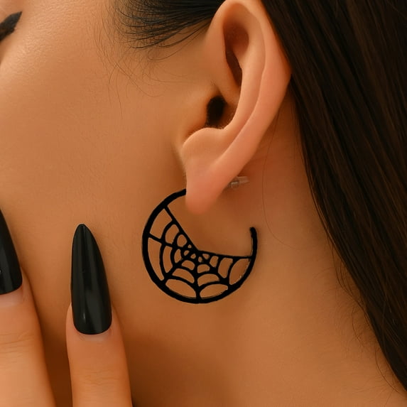 JUSIP 1 Pair Minimalist Retro Halloween Spider Web Earrings - Black Matte Moon Phase Design, Edgy Chic Hip-Hop Jewelry for Everyday & Party Wear, Durable Year-Round Accessories