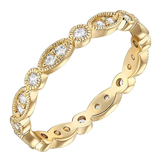 JUSIP 14K Gold Plated Cubic Zirconia Band | Round Milgrain Eternity Bands | Gold Rings for Women