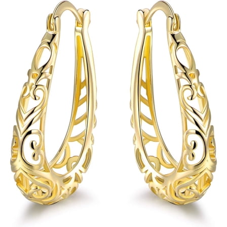 JUSIP 18K Gold Plated Filigree Hoop Earrings