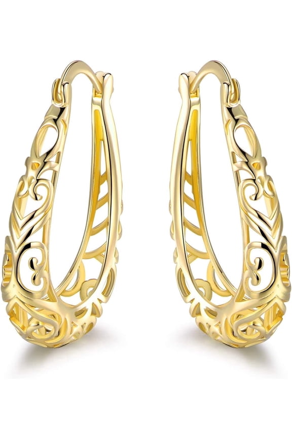 18K Gold Plated Filigree Hoop Earrings
