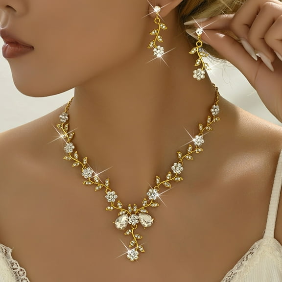 JUSIP 3pcs Bridal Rhinestone Flower Shaped Necklace and Earrings Set for Women's Prom Jewelry New Fashionable Jewelry Set