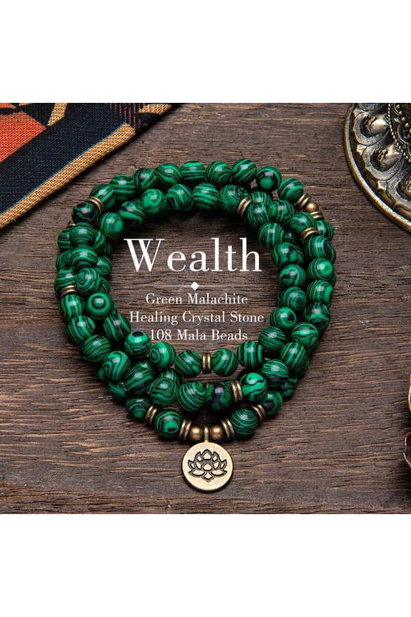 8mm Green Malachite Healing Crystal Stone 108 Mala Beads Money Necklace Long Beaded Wrap Bracelets Genuine Gemstone Mala Prayer Beads Lotus Buddha Charm Yoga Meditation Necklace Jewelry
