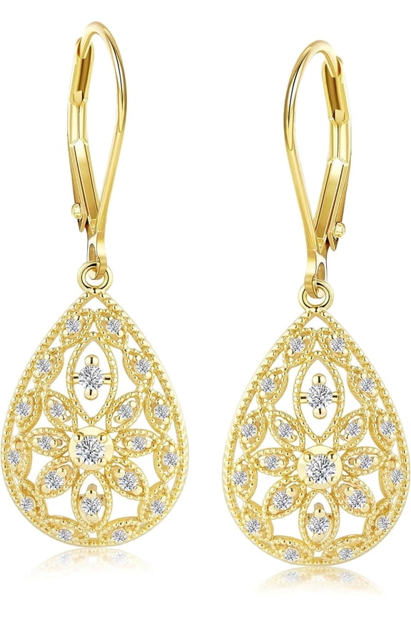 925 Sterling Silver Teardrop Dangle Earrings for Women Cubic Zirconia Leverback Filigree Drop Dangle Earrings Jewelry Hypoallergenic Silver Teardrop Filigree Earring for Gifts