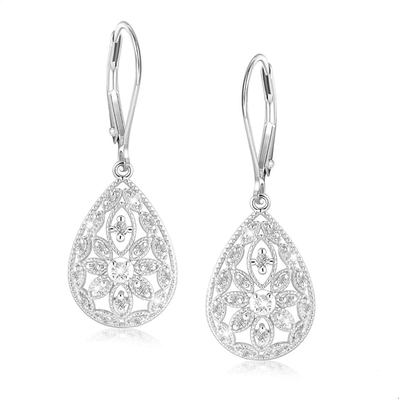 top-keivon 925 Sterling Silver Teardrop Dangle Earrings for Women Cubic Zirconia Leverback Filigree Drop Dangle Earrings Jewelry Hypoallergenic Silver Teardrop Filigree Earring for Gifts
