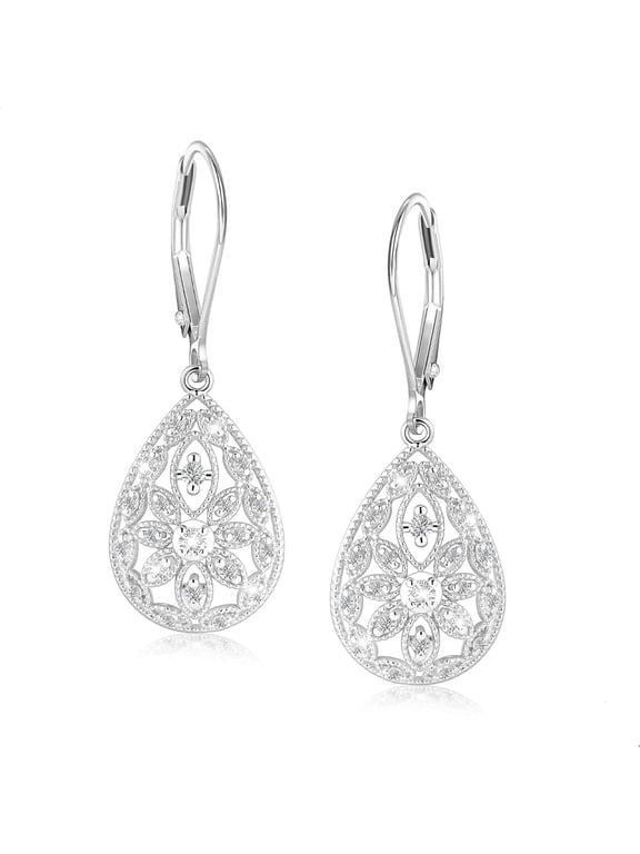 925 Sterling Silver Teardrop Dangle Earrings for Women Cubic Zirconia Leverback Filigree Drop Dangle Earrings Jewelry Hypoallergenic Silver Teardrop Filigree Earring for Gifts