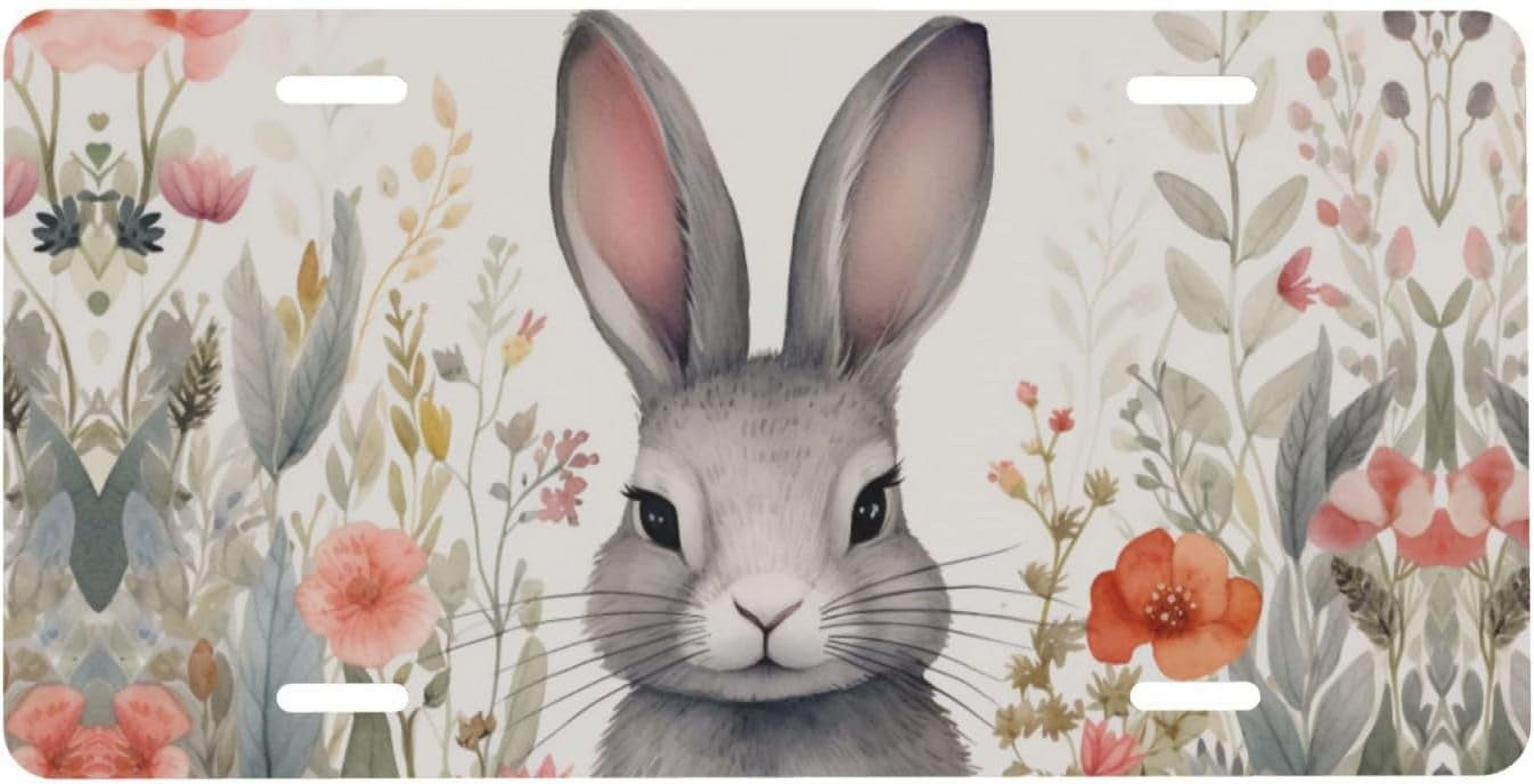 JUSIP Aluminum Alloy License Plate, Rabbits In Flowers Printed ...
