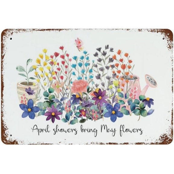 JUSIP 8x12 Inch Vintage April Showers Bring May Flowers Spring Metal Thin Signs For Home Decor and For Kitchen Bathroom Restaurant Garden Decor Metal Sign