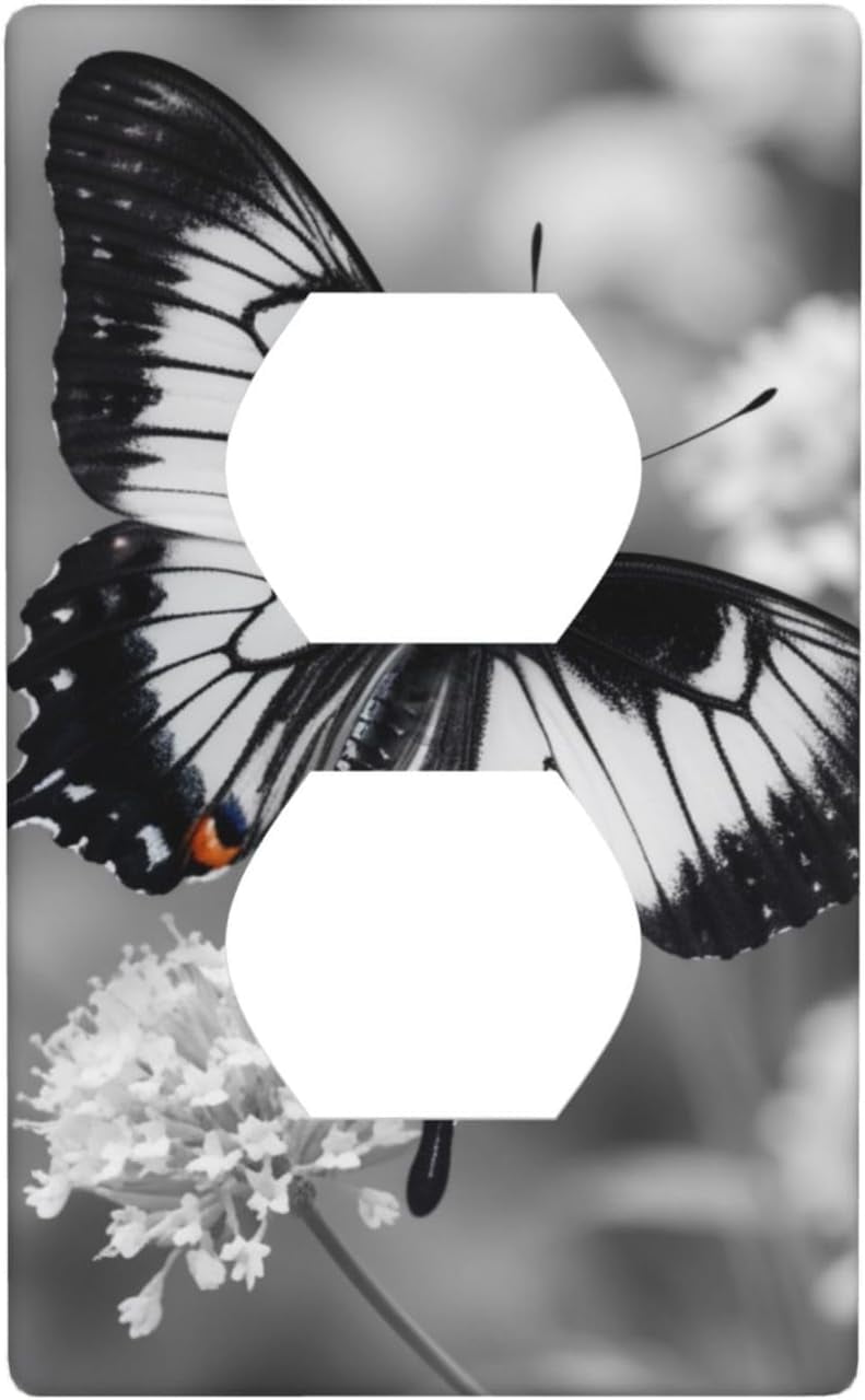 JUSIP Black White Butterfly Printed Duplex Receptacle Outlet Wall Plate