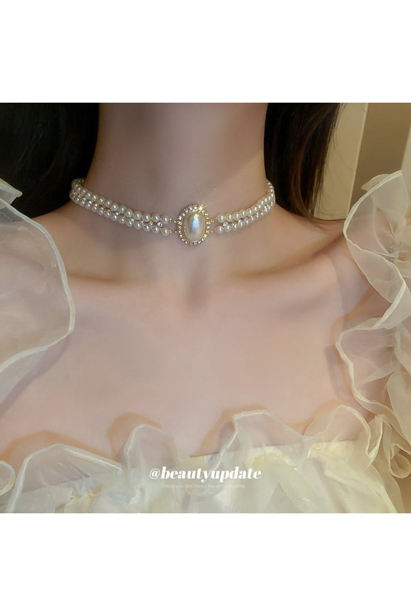 Costume Layered Twisted Gold Pearl Necklace Choker Chunky Glass Statement Pearl Necklace, good gift for women Faux pearl necklace set imitation pearl necklace