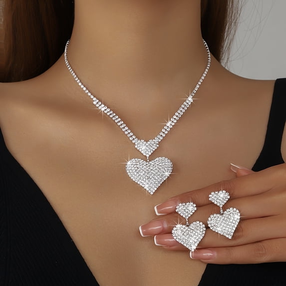 JUSIP Fashion New Exquisite Flashing Rhinestone Double Heart Necklace Earrings Set Bridal Party Banquet Jewelry