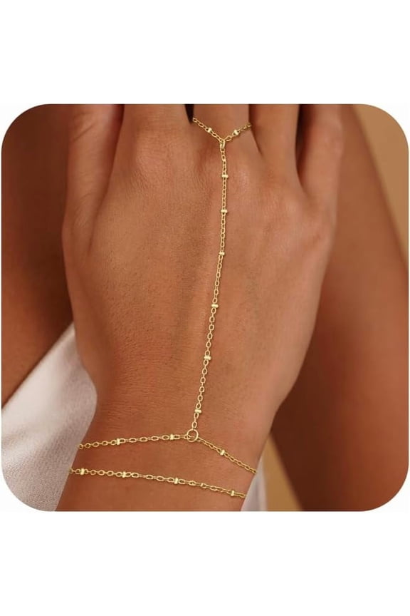 Gold Bracelets for Women Trendy, Dainty Gold Hand Chain Bracelet Stack 14k Gold Plated Finger Ring Bracelet Hand Chain Cz Layered Beaded Gold Bracelets for Women Non Tarnish Gold Jewelry Gift