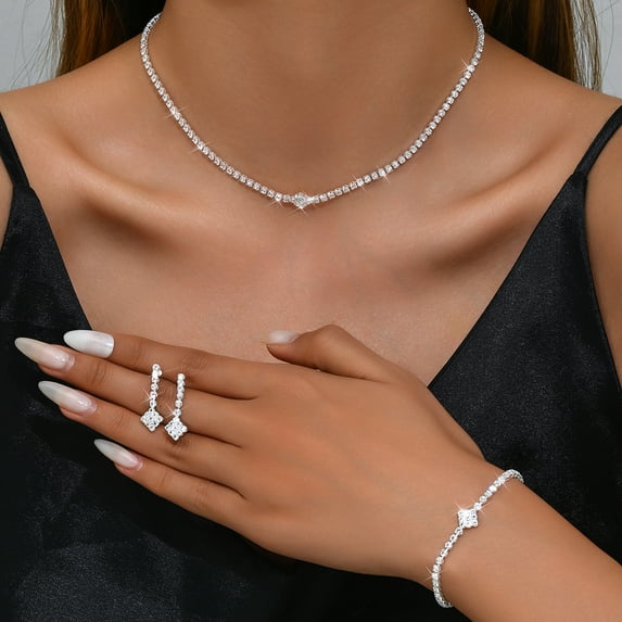 JUSIP Rhinestone Bridal Wedding Jewelry Set Silver Necklace Earrings Bracelet Sets Prom Formal Costume Jewelry Sets for Women and Brides