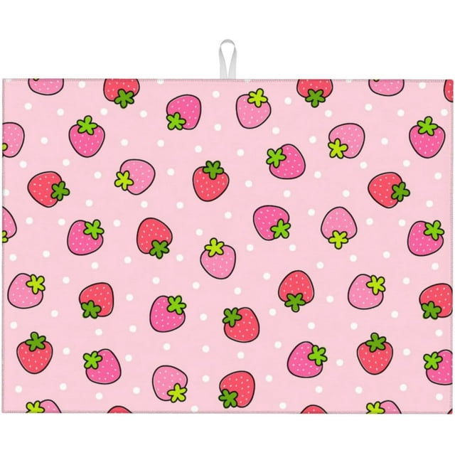 JUSIP Strawberry Pink Dish Drying Mat For Kitchen Counter XL, Microfiber Absorbent Dish Drainer Mat With Hanging Loop Reversible Dish Drainer Mats Countertops Protector Pad Kitchen Accessories