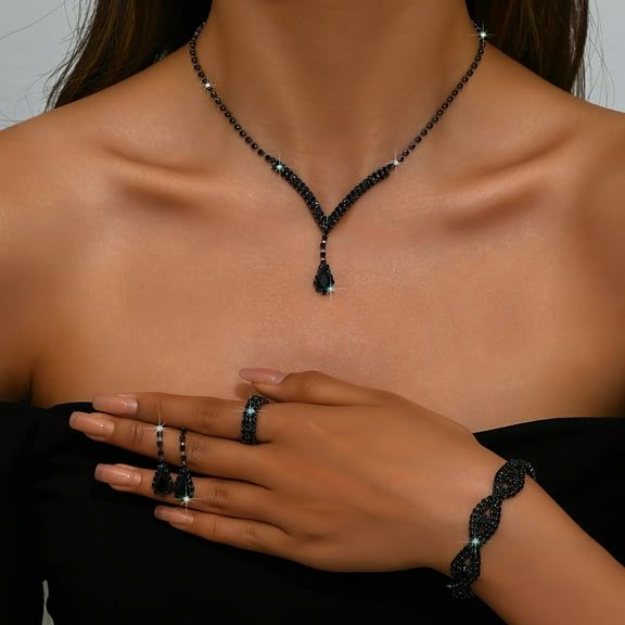 JUSIP Stylish Bridal Wedding Jewelry Set with 5 Colors to Choose from, Luxury Necklace + Earrings Pair + Bracelet + Ring Set Suitable for Dance Parties