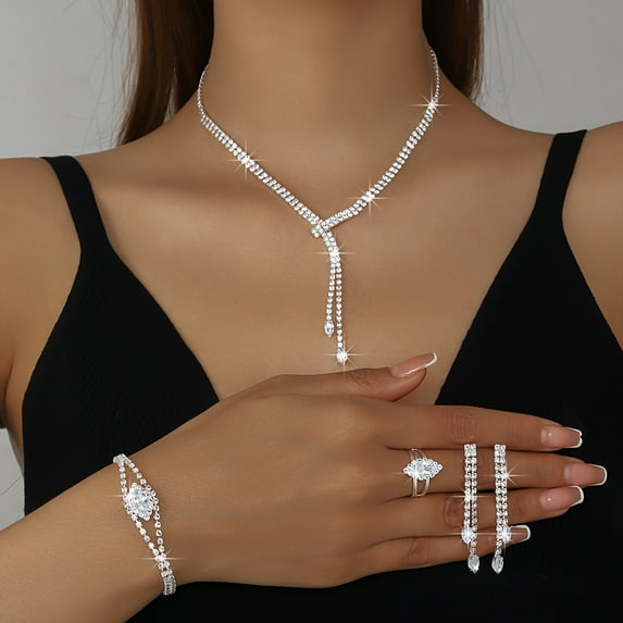JUSIP Stylish Minimalist Sparkling Rhinestone Tassel Horse Eye Necklace Bracelet Earrings Ring Four-Piece Set for Daily and Party Jewelry