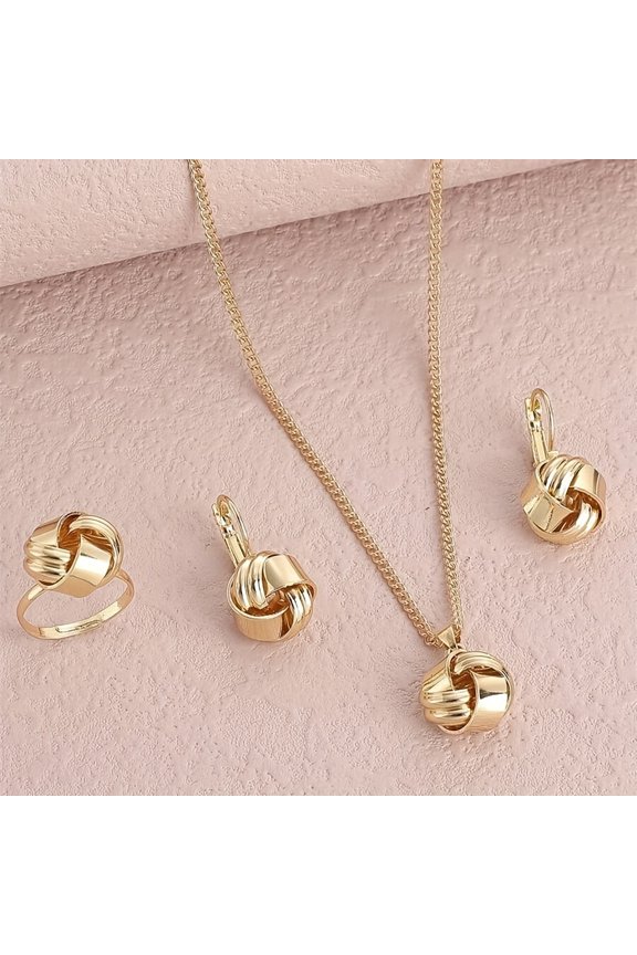 Three-Piece Set of European and American Retro Style Minimalist Knotted Flower Rose Necklace, Earrings, and Ring for Wedding or Dance Party Jewelry