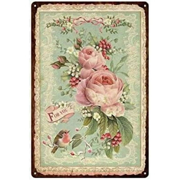 JUSIP Vintage Pink Rose Flower Metal Sign, Tin Sign Vintage Wall Decor Home Bar Cafe Garage Cave Decor Sign 12 X 8 Inch